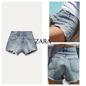 ZARA TRF HIGH WAIST SPARKLY CURVED DENIM SHORTS